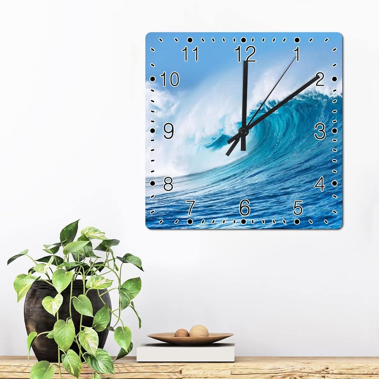 Choppy Sea Waves Wall Clock Beach Square Clocks Sea Turtle Wisdom Large Wooden Wall Clocks Battery Operated 15 Inch Silent Tuscan Cabin Wall Home Decor Living Room Bedroom Decor