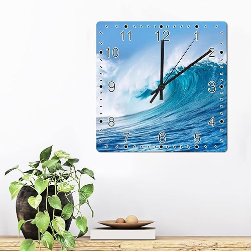 Miniatura 3 de Reloj de pared con olas marinas picadas, relojes cuadrados de playa, tortuga marina, sabiduría, relojes de pared grandes de madera, funciona con