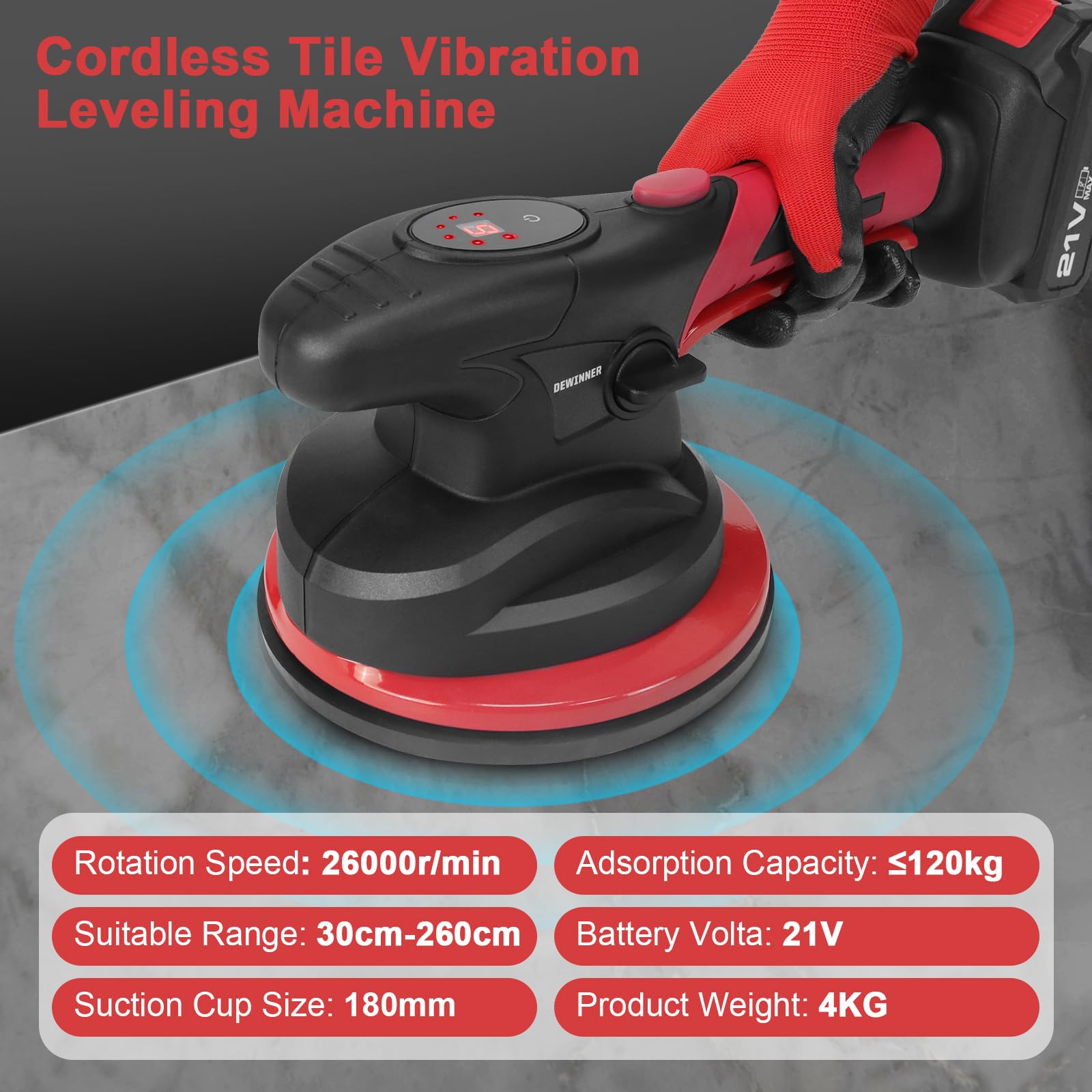 DEWINNER Strumento Di Vibrazione per Piastrelle - Ventosa Da 180 mm, Macchina per Piastrelle Elettrica a 6 Velocità Regolabile, Ventosa Vibrante per Piastrelle Da 0,3 a 2 M, Con 2 Batterie