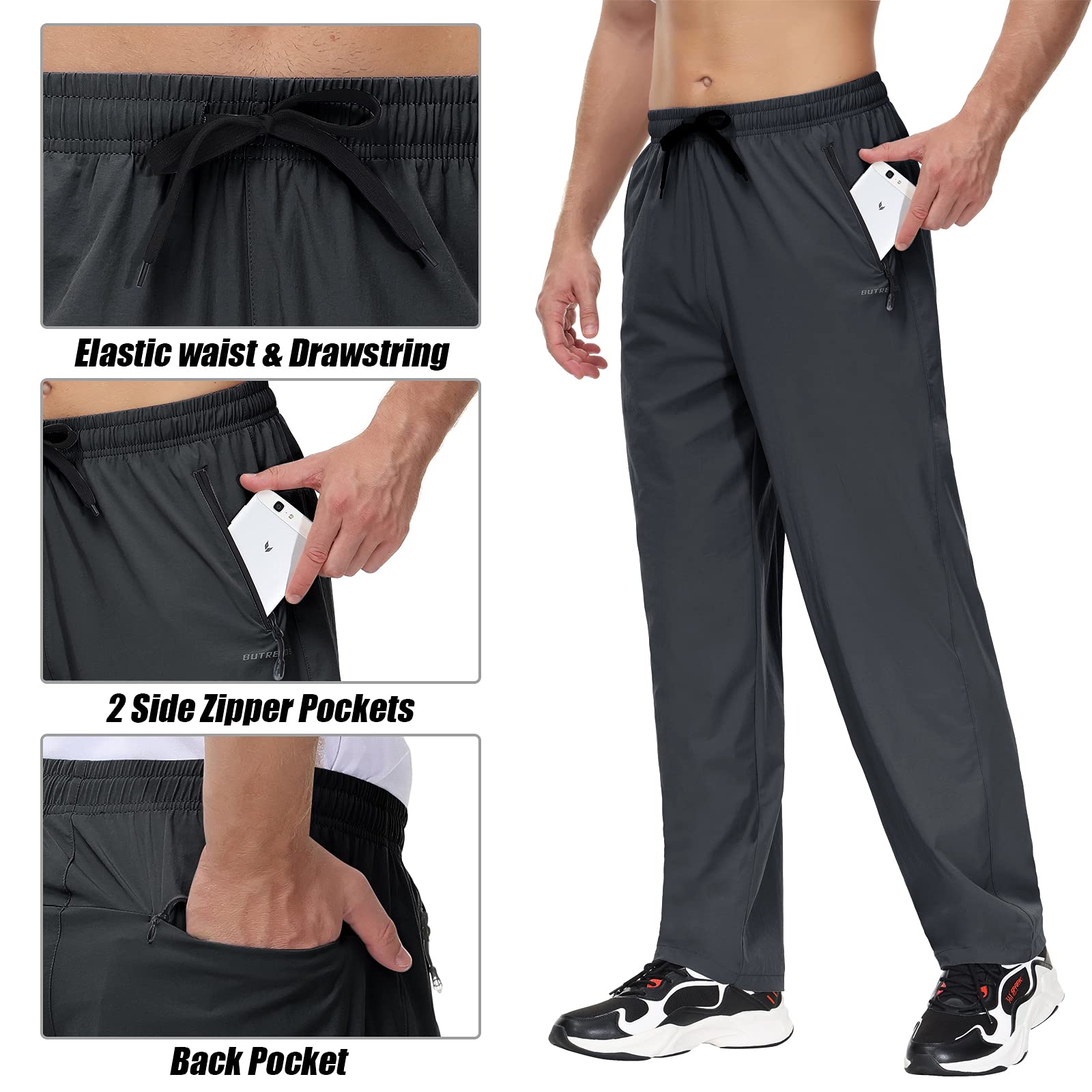 Butrends Pantaloni da Esterno Leggeri da Uomo, Pantaloni da Trekking ad Asciugatura Rapida, Pantaloni Sportivi con Tasche con Cerniera