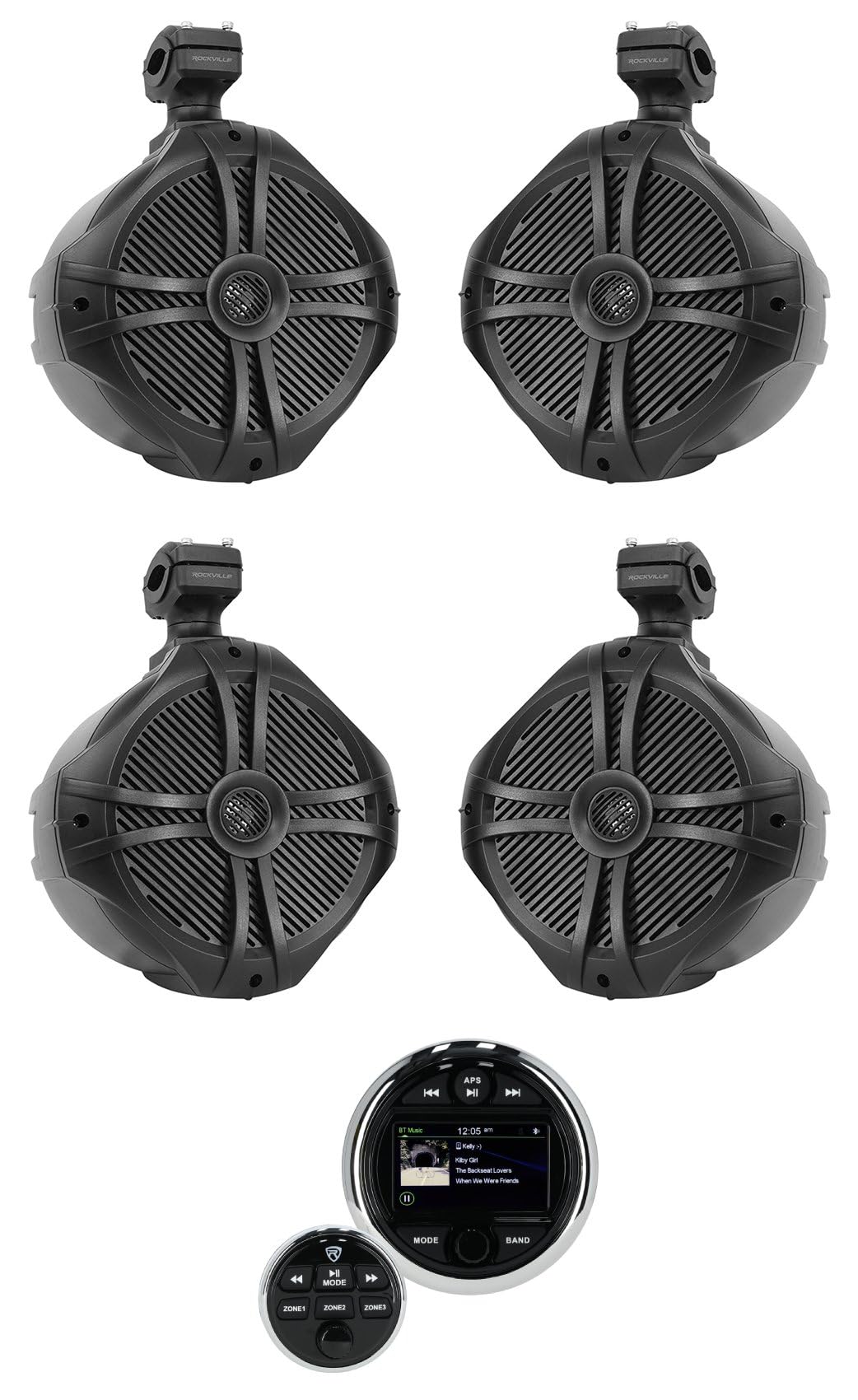 Rockville Bundle: (1) RGHR48A 4 Zone Marine Gauge Hole Receiver Bluetooth App Control+Remote Bundle with (2) Pair RWB90B Black 8