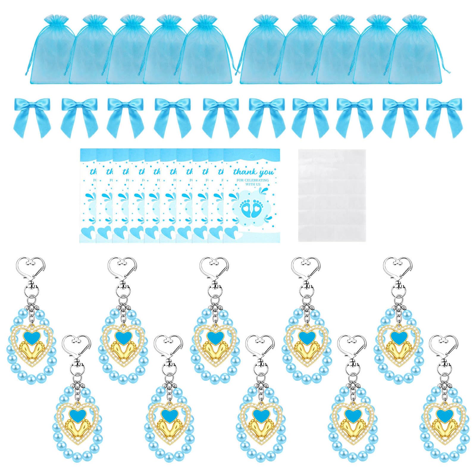 WGBOSMG 10Pcs Adorable Baby Gender Announcement Party Present Includes Heart Shape Footprint Pendant Keychain Organza Bag Ribbon Bowknot Gender Announcement Party Bonuses