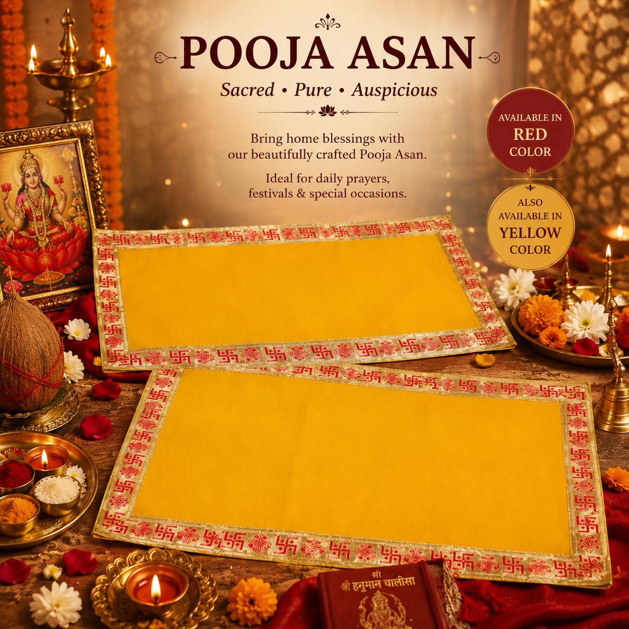 DLC Set of 2 Yellow Velvet Altar Cloth with Swastik Border, Large Size Ganpati Baithak Pooja Aasan Cloth for God, Puja Chowki Cover Kapda for Home Mandir, Temple by Dulhan Size 15 x 30 inches 1