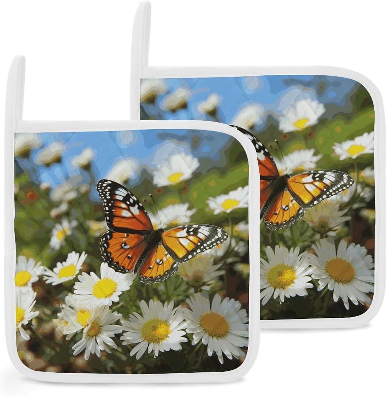 Pot Holder Set of 2 Butterfly on Daisy Flower Printed Potholders for Kitchens Heat Resistant & Non Slip Potholders for Kitchen Cooking Baking BBQ