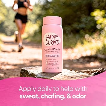 HAPPY CURVES Comfort Powder: Talc Free Anti Chafe Body & Foot Dusting Powder Deodorant to Control Inner Thigh Chafing, Private Areas, and All Over Body for Women (4 Ounce (Pack of 1), Fragrance-Free)