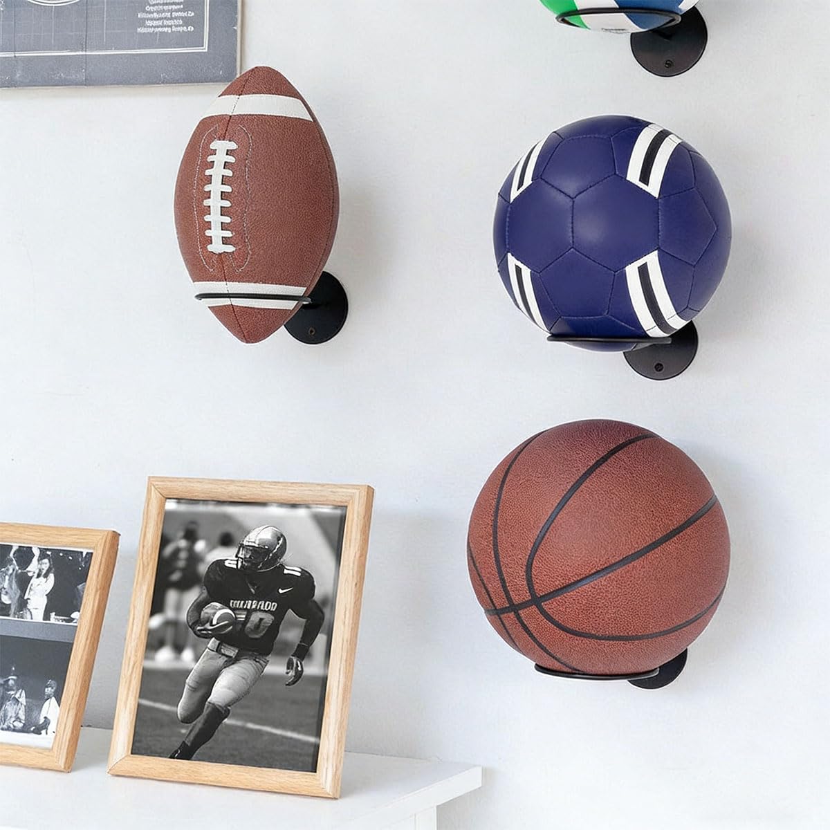 4 Supporti Da Parete Per Palloni In Metallo Nero – Con Viti, Misura 23,5x14 Cm – Per Calcio, Basket, Rugby, Pallavolo - 2