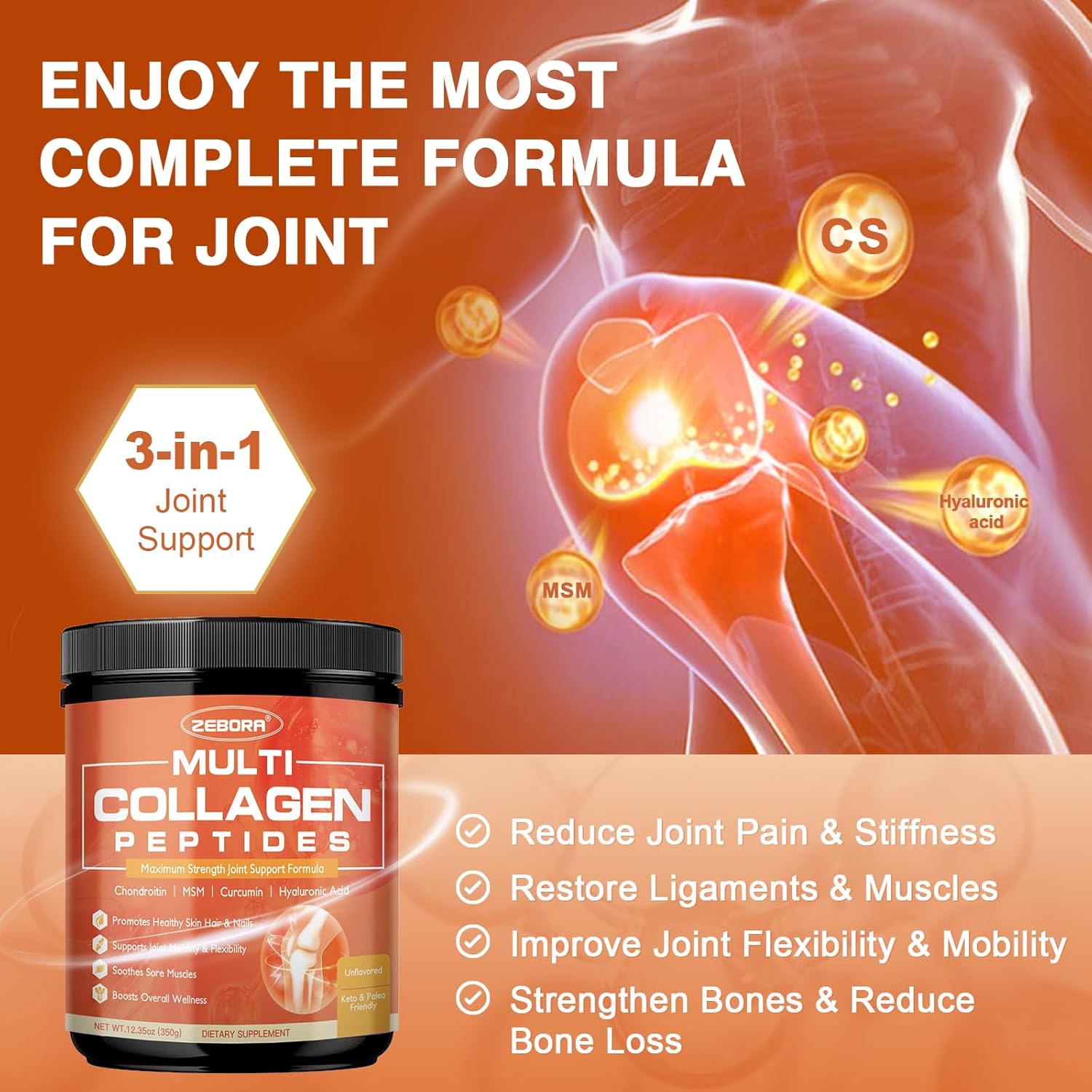 ZEBORA Multi-Collagen-Peptides-Powder with MSM & CS for Joint, Type I II III V X Hydrolyzed Collagen Peptides with Hyaluronic Acid & Vitamin C for Women and Men Hair, Skin, Nails, Non-GMO, 35 Servings