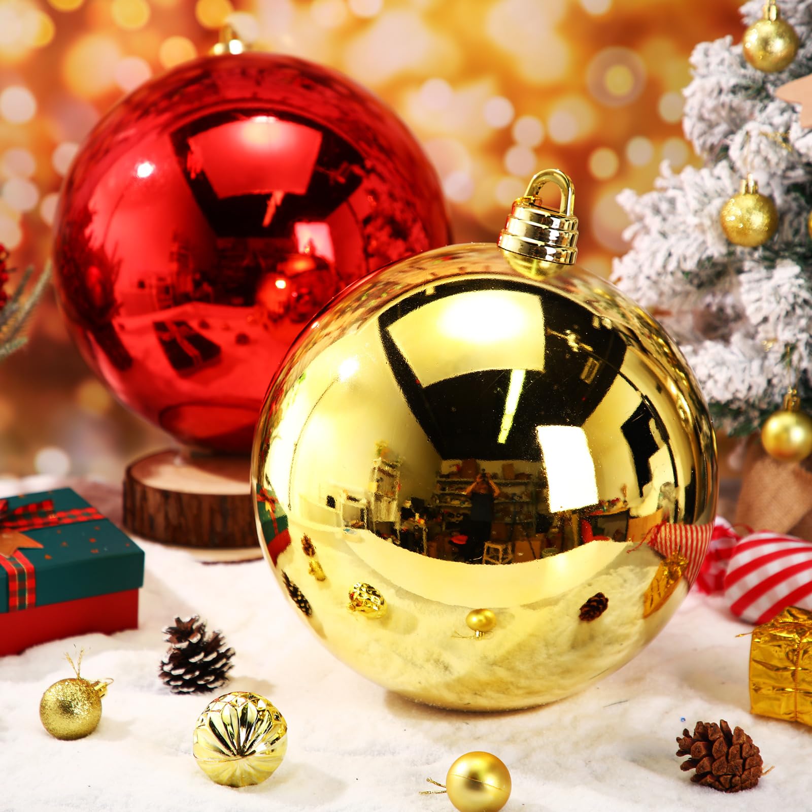 Riesige Weihnachtskugeln, 30,5 cm, extra große Weihnachtsbaumkugeln, rot, grün und gold, Kunststoffkugeln, hängende Ornamente für Weihnachtsbaum, Innen- und Außenbereich, Party-Dekoration (Rotgold), 2