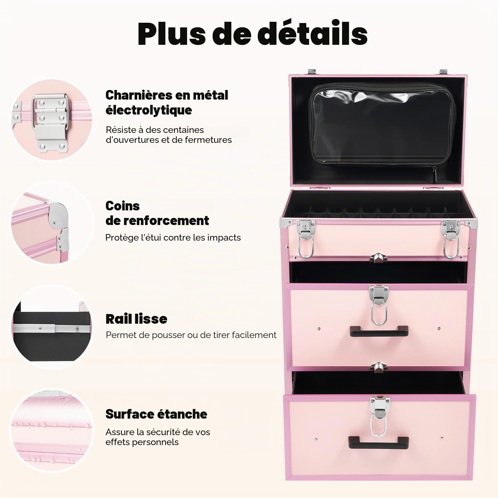 Valise cosmétique à roulettes avec tiroir, Valise professionnelle à roulettes pour maquillage et ongles, Grande valise à maquillage verrouillable pour femmes avec roues pour voyage