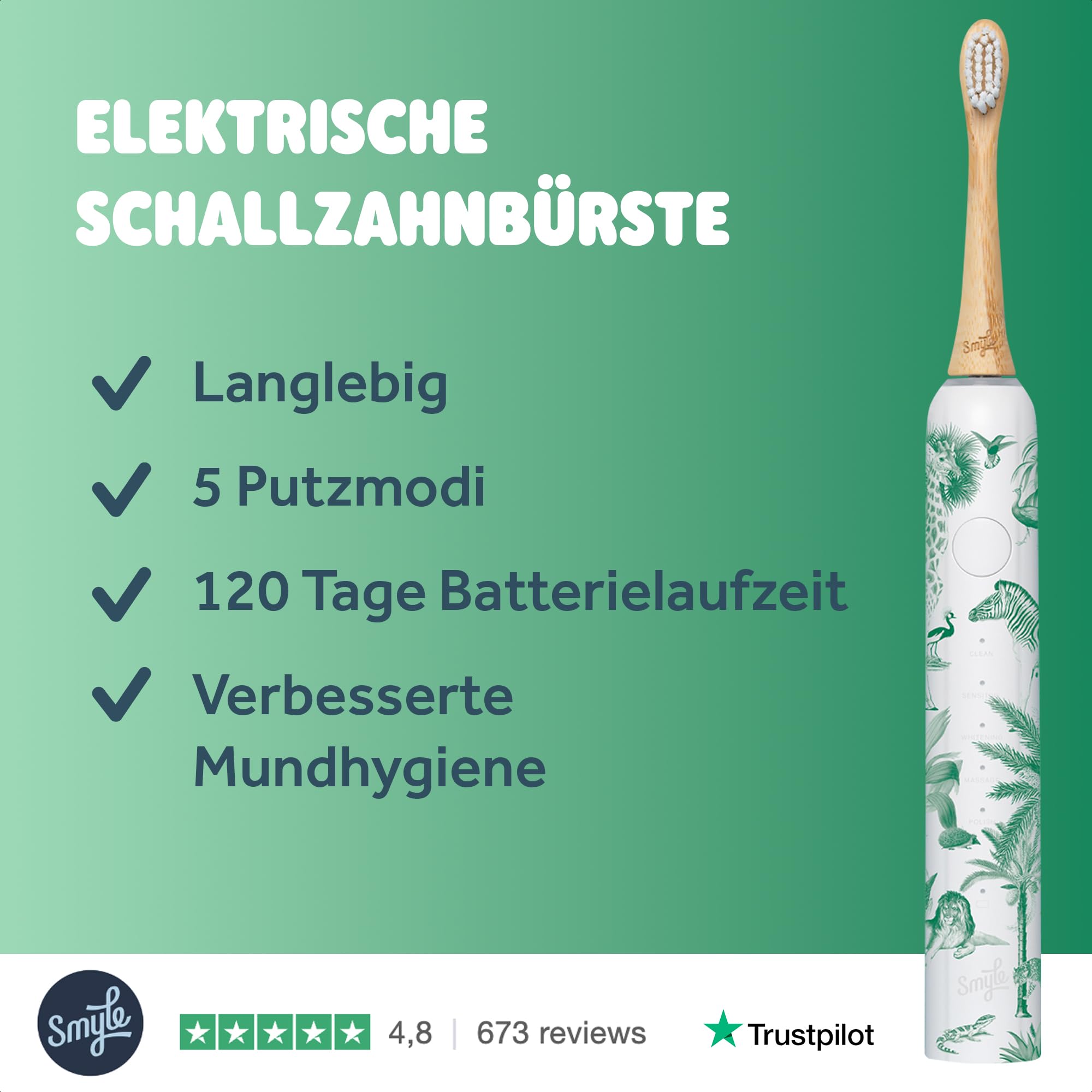Smyle Zahnbürste - Schallzahnbürste mit Sensor – 3 Monate Akkulaufzeit, USB-C-Ladegerät, intelligenter Timer, 5 Putzmodi, wasserdicht – Elektrische Zahnbürste – Jungle-print