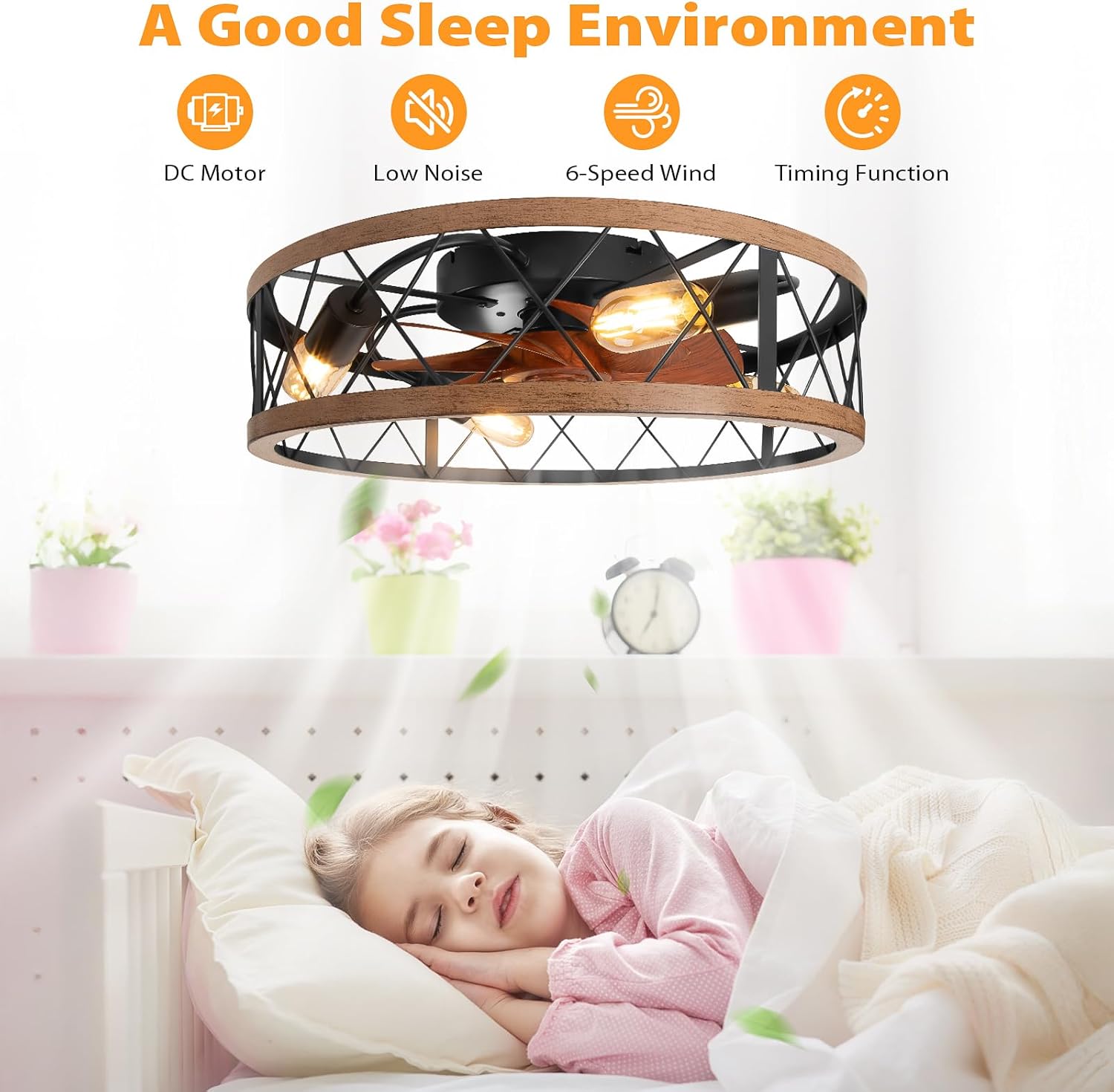 2-in-1 Low Profile Ceiling Fan with Light, 20” Caged Woodgrain-Finish Safety Design for Kids - 3000K, Smart APP/Remote, Quiet Flush Mount DC Motor, Ideal for Bedroom/Living Room Farmhouse Style