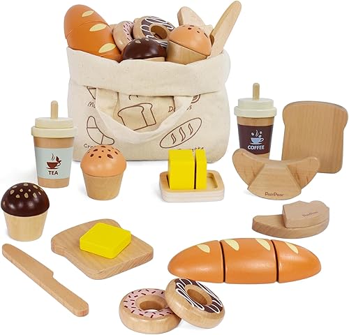 PairPear Juego de comida de juguete de panadería de madera, accesorios de cocina con bolsa de compras, regalo de comida para niños y niñas de 3 años
