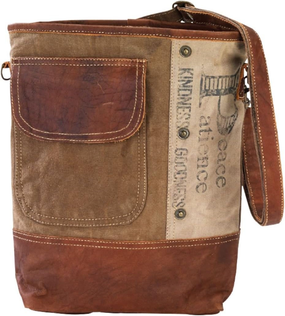 Recycled Beige Khaki Canvas Brown Leather Peace Patience Cross Body Shoulder Bag, 12" x 11"