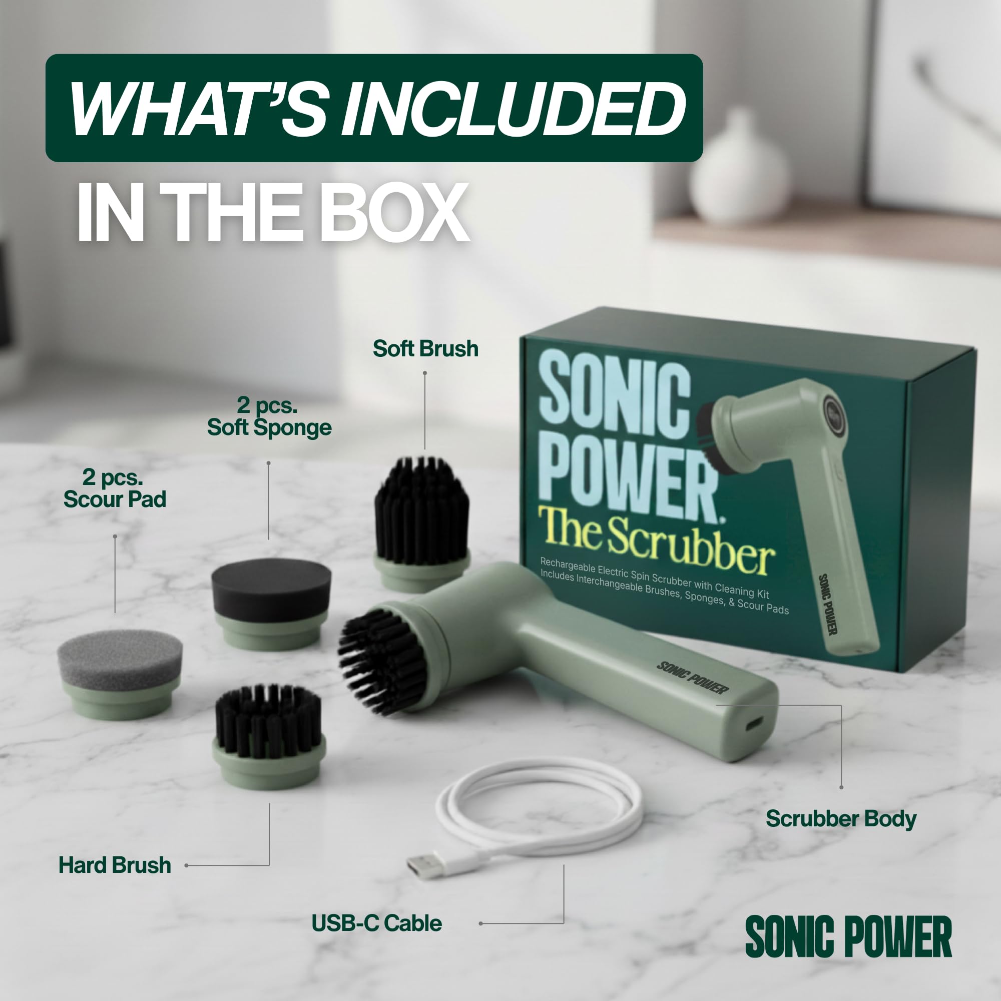 SonicPower Limpiador giratorio eléctrico, de mano y ergonómico, impermeable IPx7, 4 accesorios multiusos incluidos, batería recargable de larga duración (salvia)