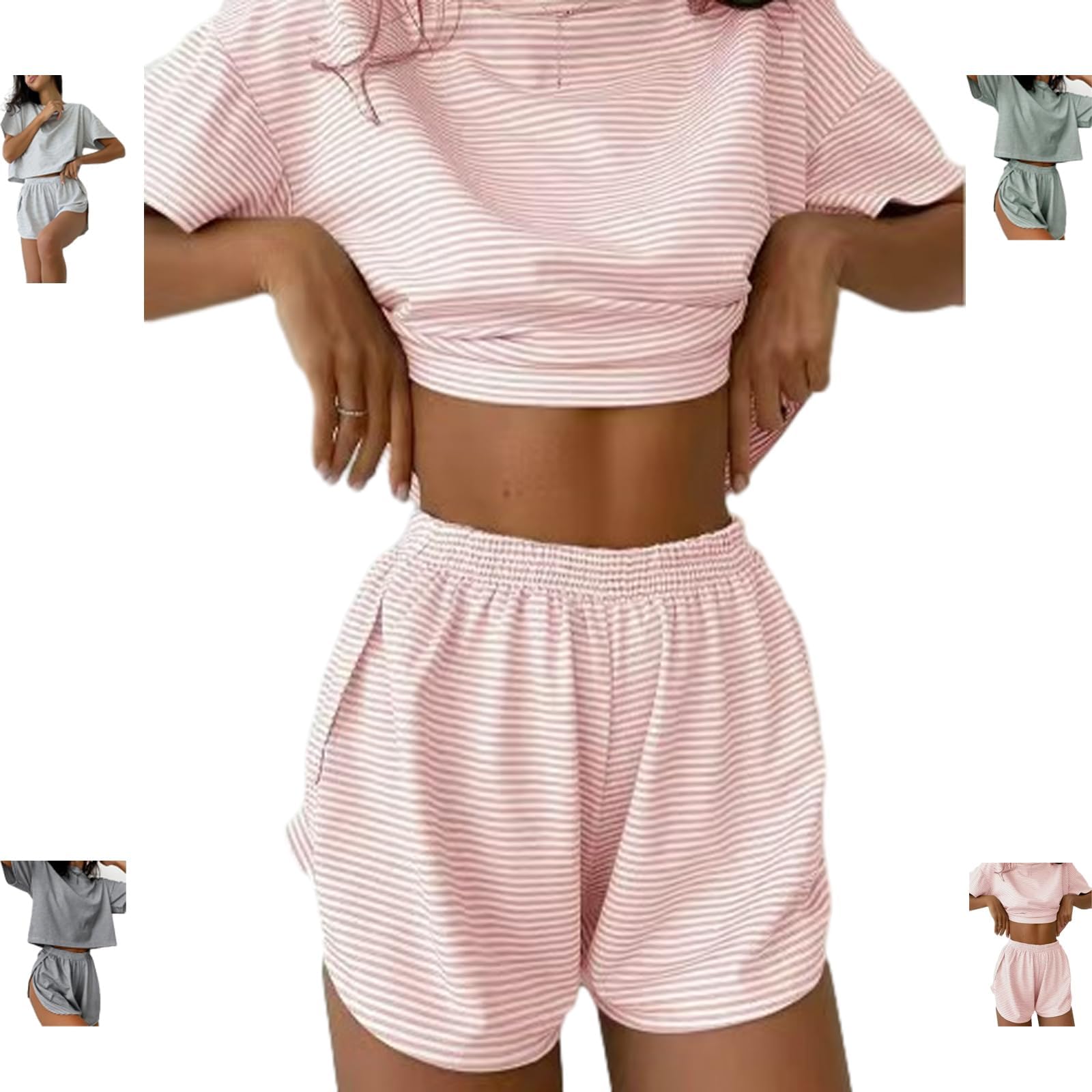 MXWZSereluxe Pajama Set, Side Split Short Pajama Set, Womens Two Piece Striped Print Pajamas Set Shorts Drop Shoulder Tee