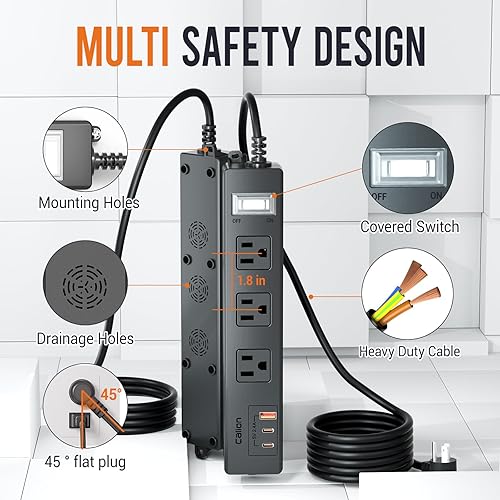 Miniatura 7 de Tira de alimentación para exteriores resistente a la intemperie, IPX6, cable de extensión impermeable con múltiples salidas con puertos USB,