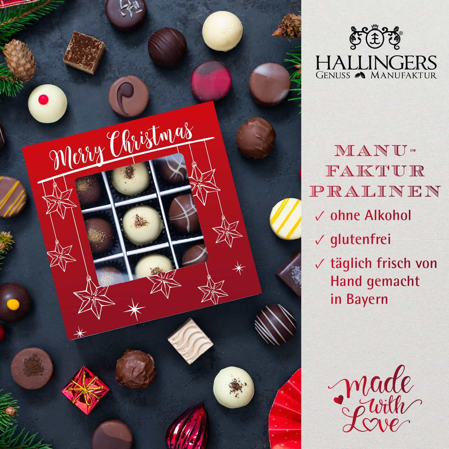 Hallingers Genuss Manufaktur Feinkost Weihnachts-Geschenk-Set - XXL-Geschenkkorb "Best of Christmas" großes Mitbringsel Schokolade, Tee, 9er Pralinen & Meistergriller-Gewürz, Weihnachten für Frauen