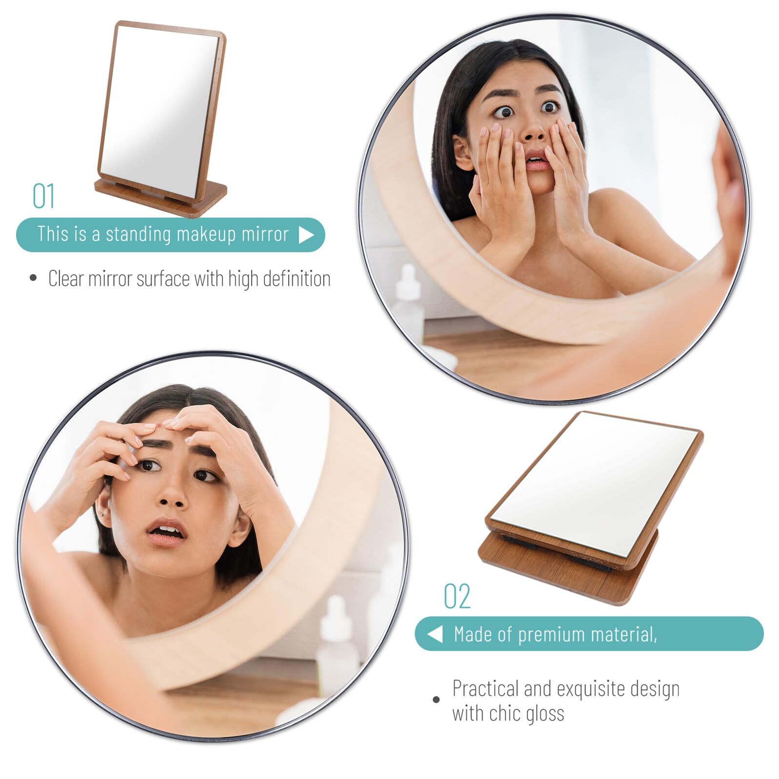 Specchio Elegante per Trucco in Legno Marrone Design Girevole Regolabile Specchio da Tavolo per Camera da Letto e Bagno