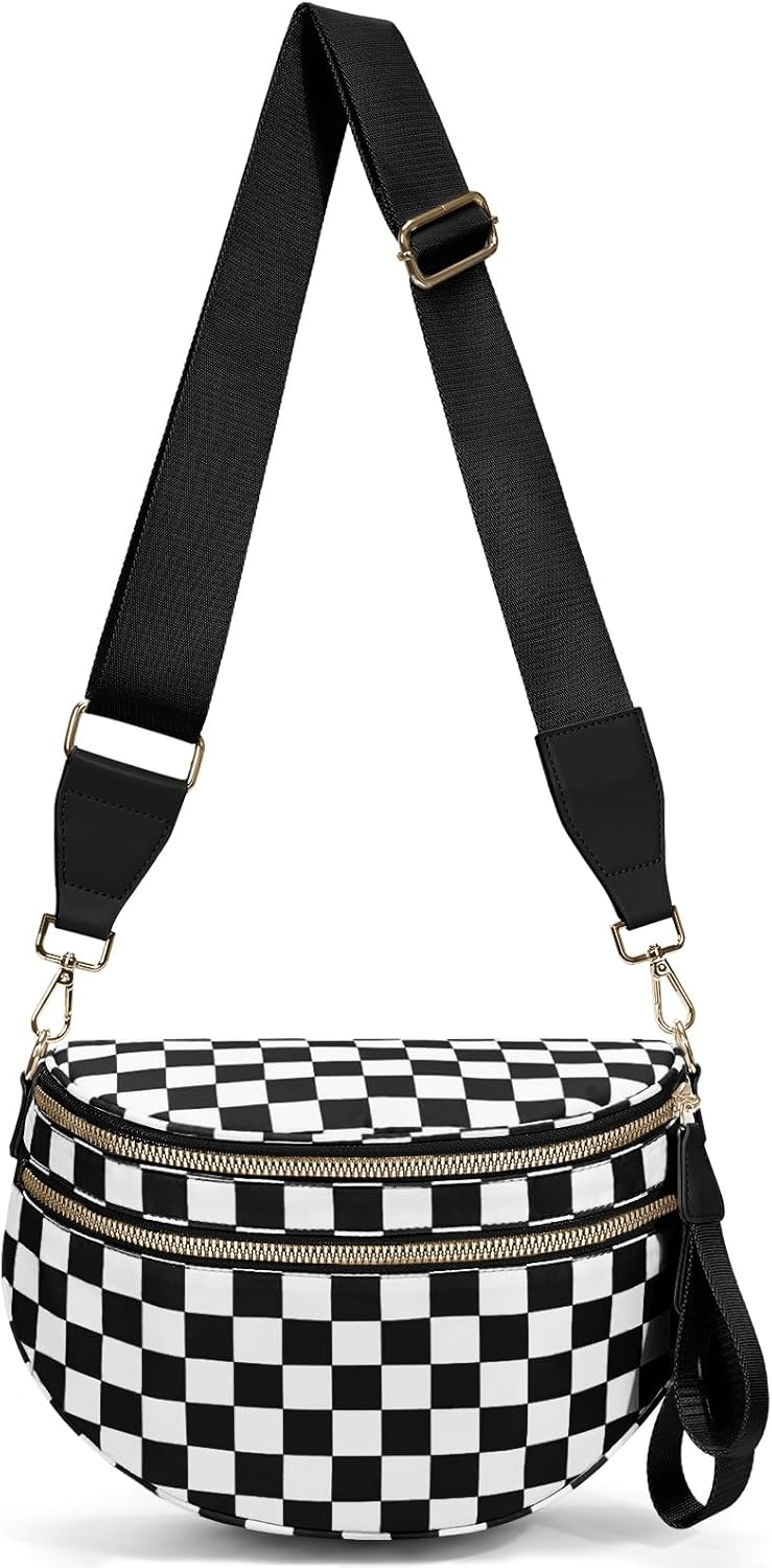 hibear Checkered Crossbody Bag Spacious Bum Bags for Women Nylon Crossbody Fanny Packs Checkered Purse Belt Wallet Black and White