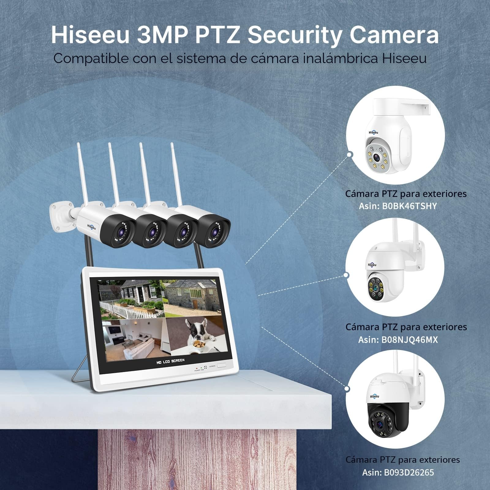 Hiseeu Kit Cámaras Vigilancia WiFi 5MP, Sistema Seguridad Inalámbrica con Monitor LCD 12'' y HDD 3TB, 4 Camaras IP Exterior, Detección Movimiento, Visión Nocturna, Audio Bidireccional