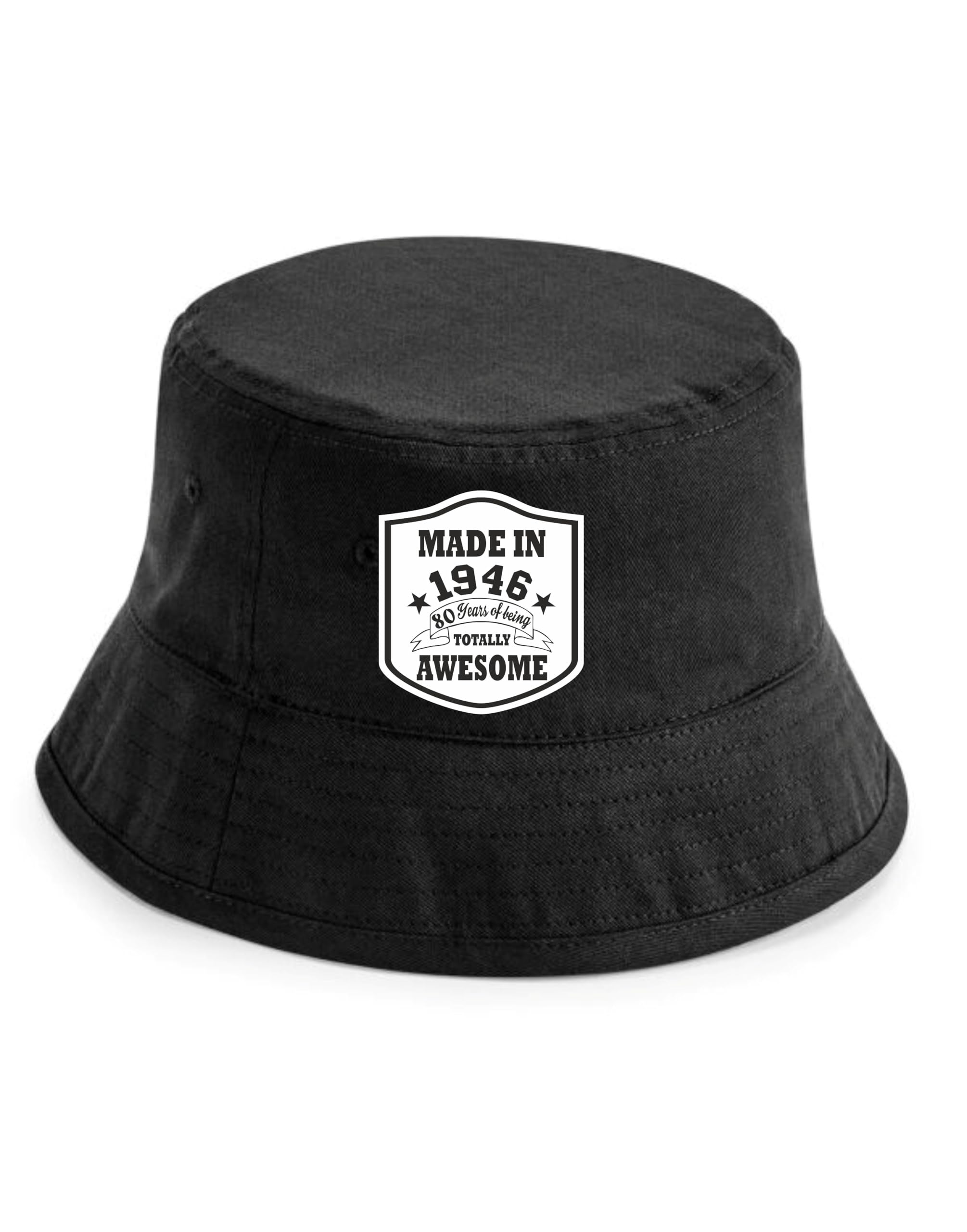 Print4u Unisex Black Totally Awesome Made In 1946 Bucket Hat 80Th Birthday Age 80 Men Ladies Sm
