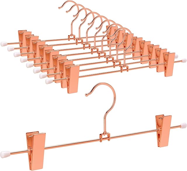 Amber Home 30cm Shiny Copper Metal Trousers Hangers 10pcs, Fashion Rose Gold Metal Skirt Hanger for Slacks Pants Jeans Bottoms with Non-slip Adjustable Clips and Swivel Hook