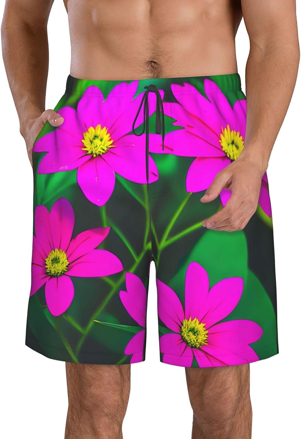 Mens Flower Leaves Purple Red Flower Print Beach Shorts,Casual Summer Shorts for Men,Quick Dry Polyester