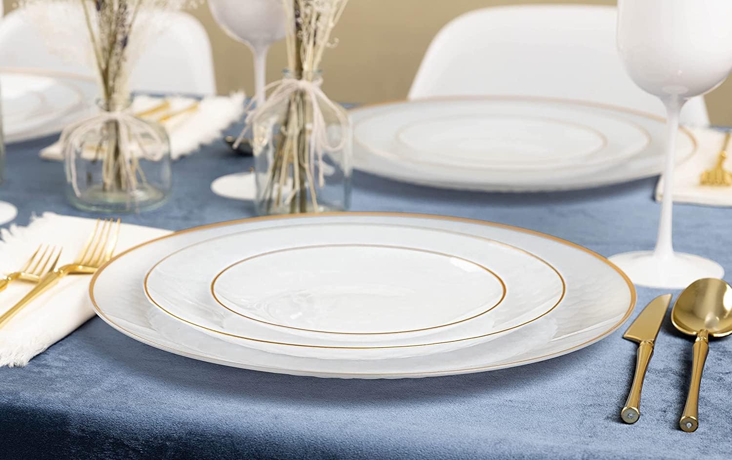 EcoQuality 9" inch Round Hammered Translucent White Plastic Dinner Plates with Gold Rim - China Like Party Plates, Heavy Duty Large Disposable Charger Salad Plate Weddings, Serveware (10 PACK)