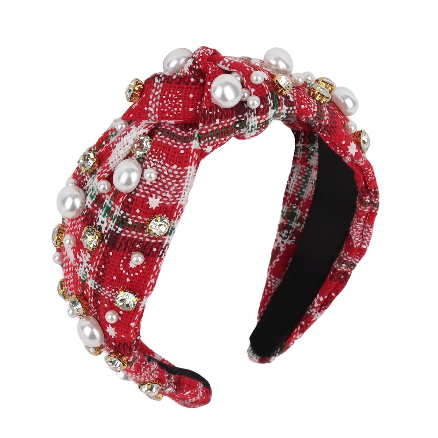 Christmas Pearl and Diamond Knotted Headband Red for Women Wide Hairband Christmas Holiday Party Headband Xmas Snowflake Plaid Decorations Hair Accessory Gifts for Girls