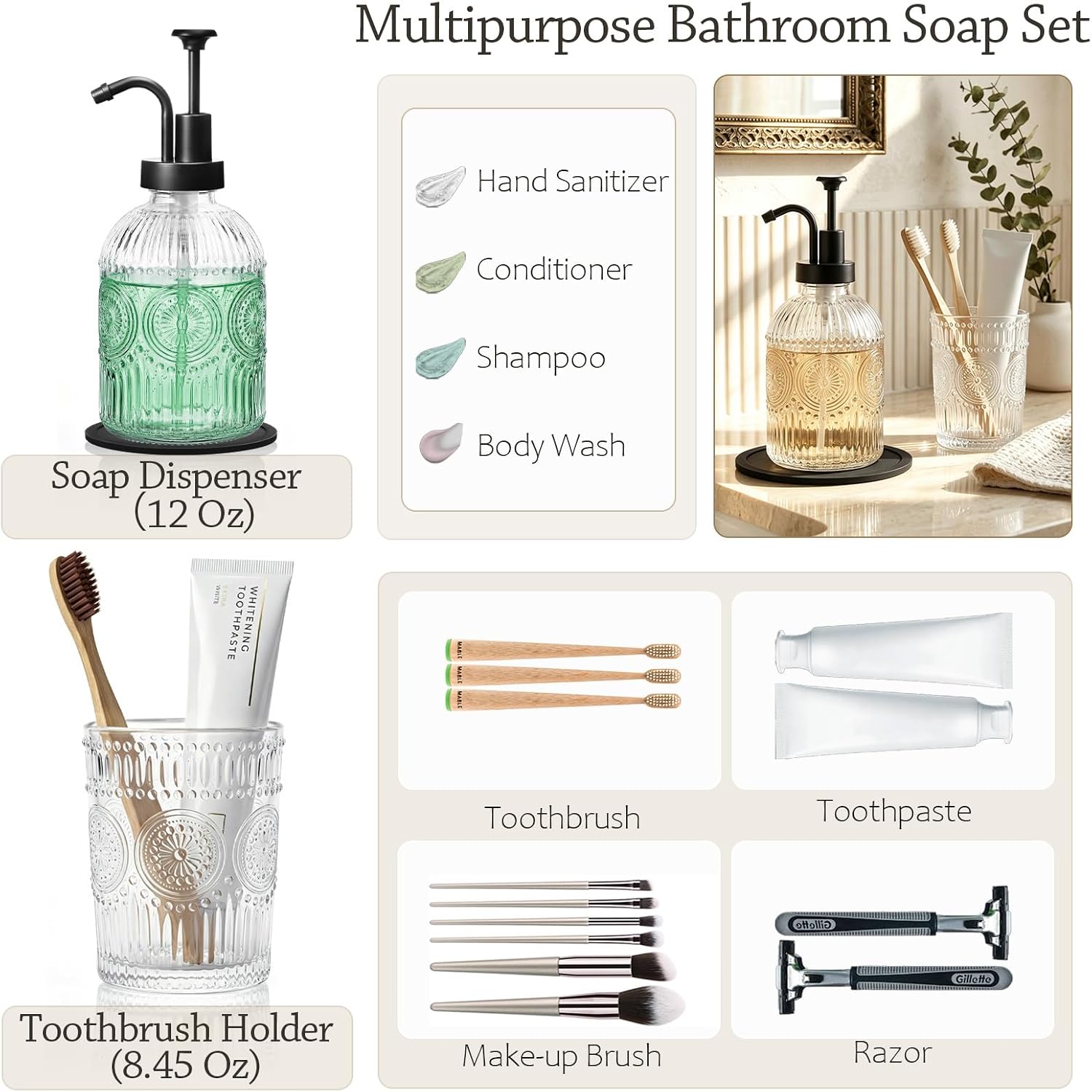 SheeChung Bathroom Soap Dispenser and Toothbrush Holder with Black Pump