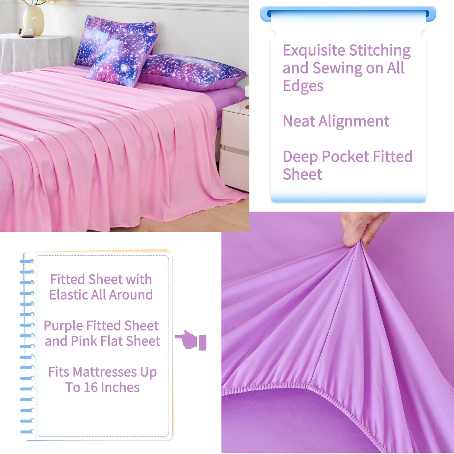 RYNGHIPY 6Pcs Girls Bedding Set Twin Size Purple Rainbow Comforter Set for Kids Teens Girls Glitter Bed in a Bag Lightweight Fluffy - Image 6