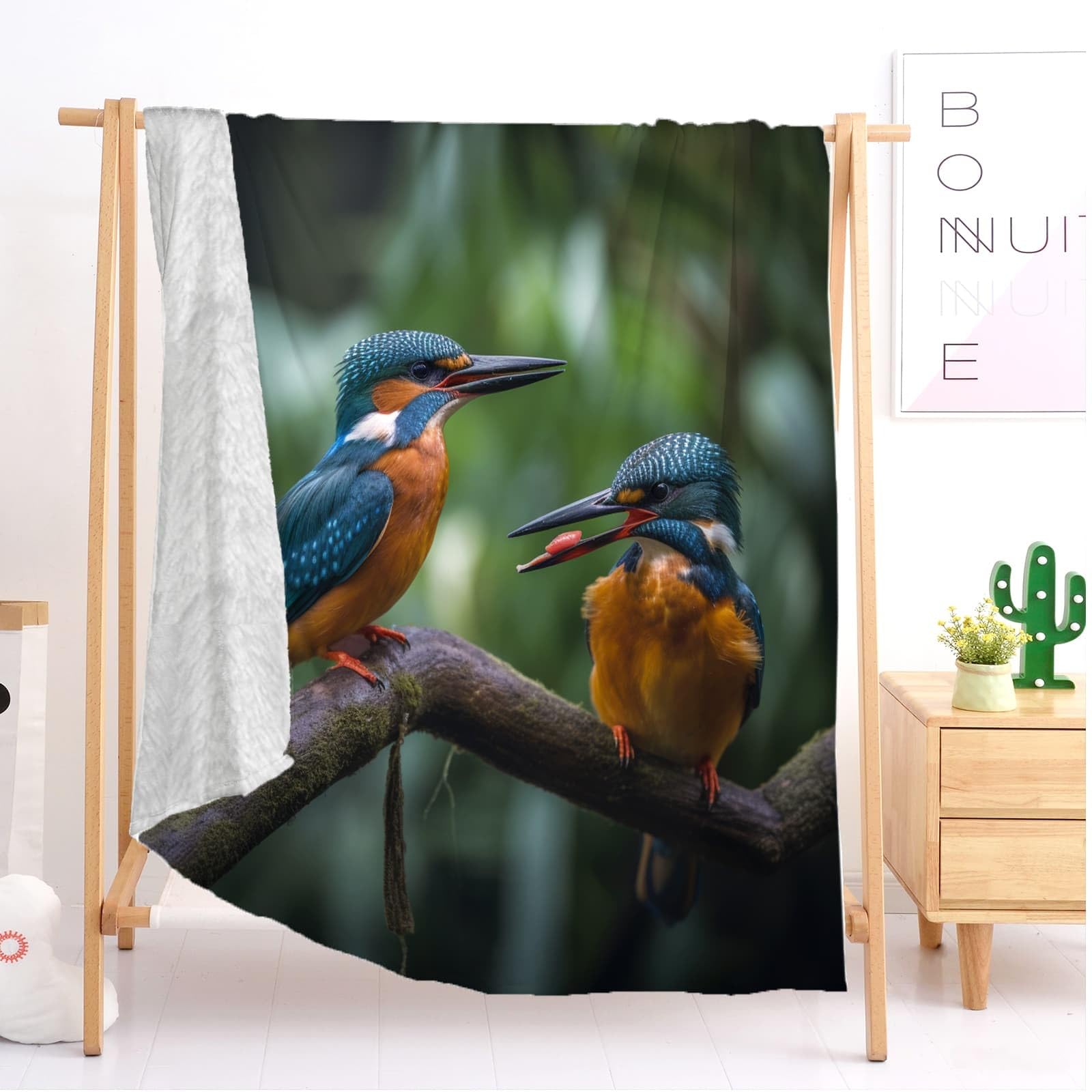Koc polarowy XXL, 180 x 200 cm, zwierzęta z dżungli, zimorodki, sherpa, flanelowy, koc termiczny, miękki, zielony, na sofę, do odpoczynku, samochodu, biura, domu
