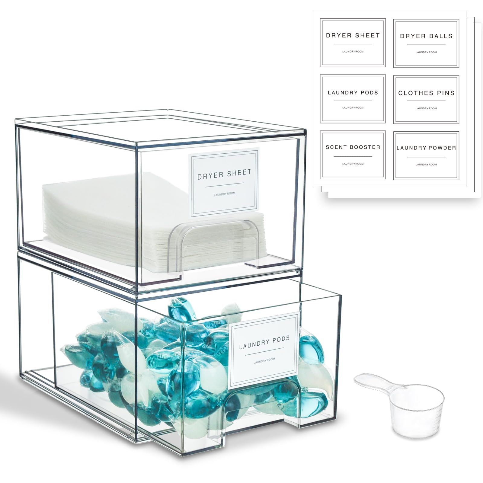 2 Pack Laundry Room Organization and Storage Containers with Labels, Stackable Clear Plastic Storage Drawers for Dryer Sheet Holder, Laundry Pods Container, Laundry Room Decor for Organizing
