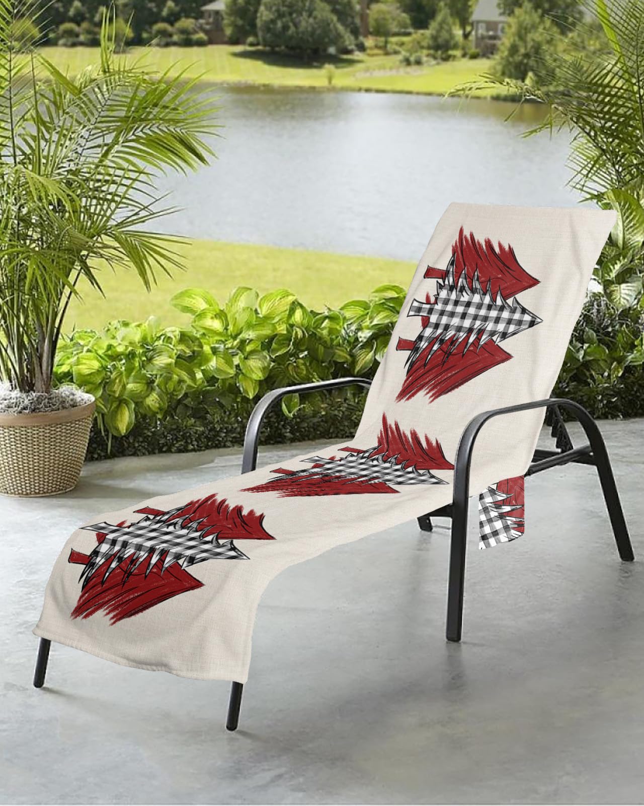 Xmas Tree Checkered Beach Chair Towel Covers for Chaise Lounge with Side Pocket, Soft Plush Pool Towels Cover for Patio Sunbathing Outdoor 29''x85'' Contemporary Christmas Red