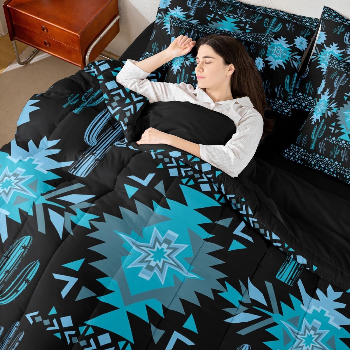 Feelyou Black Southwestern Aztec Comforter Set with Sheets for Kids Boys Girls Geometric Vintage Bed in a Bag Twin Size Boho Tribal Rustic Western Exotic Cactus 7 Pieces Bedding Set Bedroom Decor