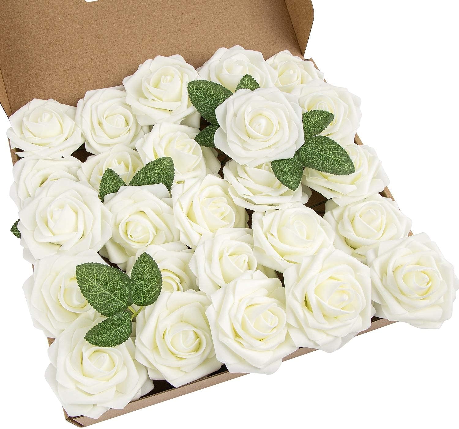 Exoment 25pcs Artificial Flower Foam Rose Real Touch Roses Flower Heads with Stem for DIY Wedding Bouquets Centerpieces Arrangements Party Baby Shower Home Decor (Ivory)