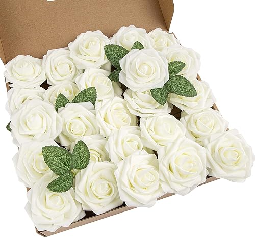 25 rosas artificiales de espuma de tacto real con tallo para ramos de boda, centros de mesa, arreglos, fiestas, baby shower, decoración del hogar