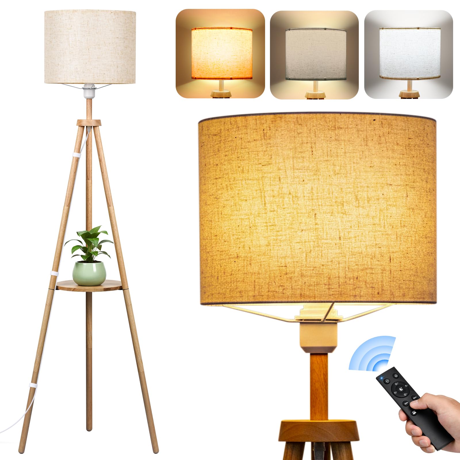 NIKYJM Stehlampe Wohnzimmer mit Regal, Holz Standleuchte LED Dimmbar Dreibein 3 Farbtemperatur Halbe Stunde und Eine Stunde Timerfunktion mit Lampenschirm Fußschalter für Wohnzimmer Schlafzimmer Büro