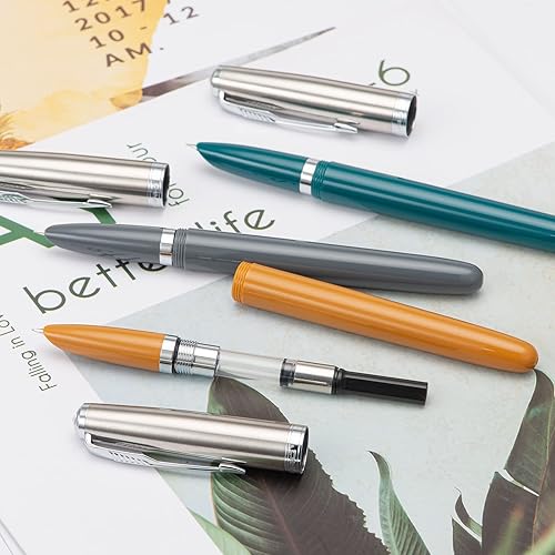 Miniatura 4 de 3 Jinhao 86 - Juego de pluma estilográfica (resina azul malaquita, caqui y gris) con punta extrafina con convertidor de tinta recargable