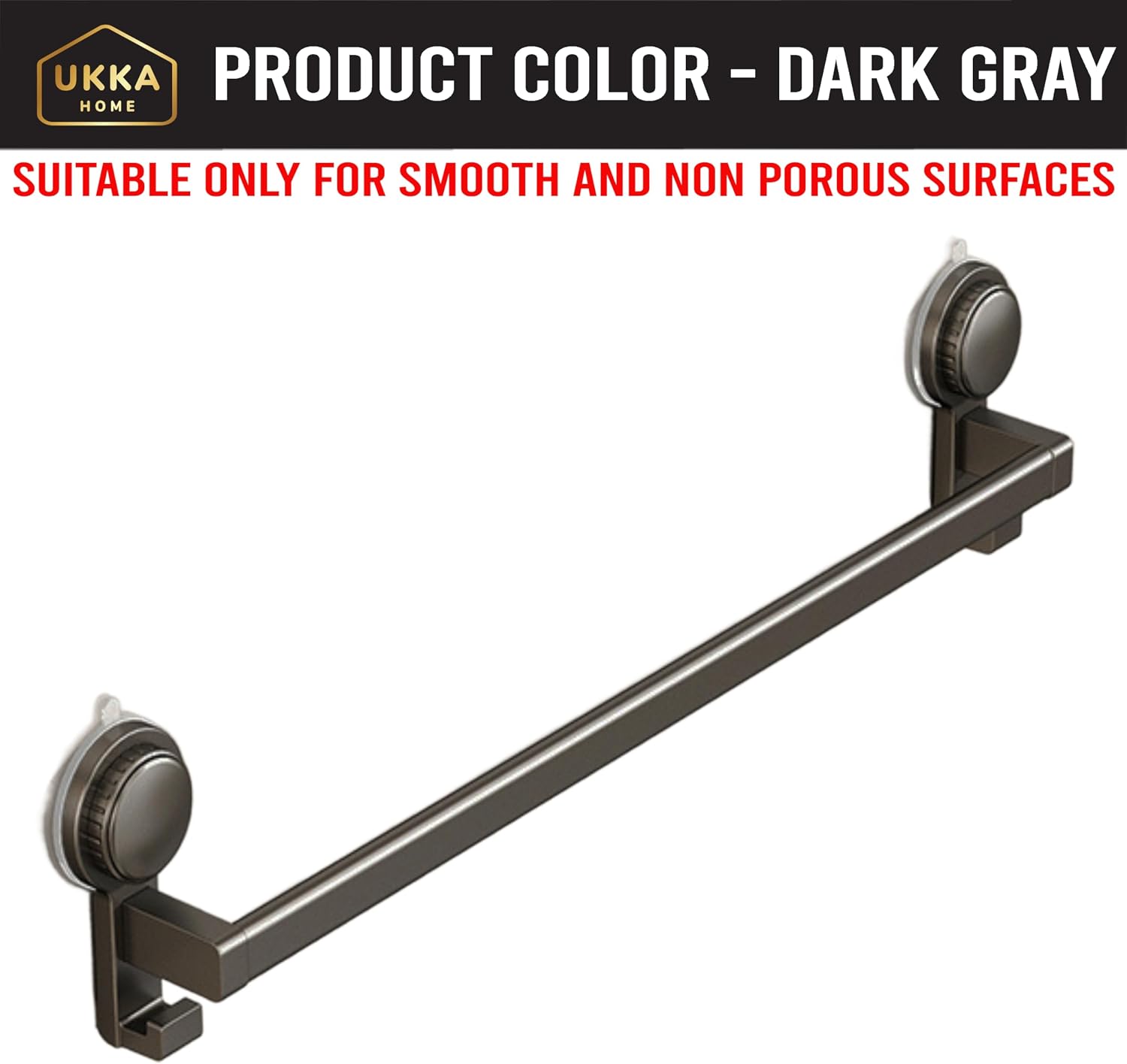 Suction Cup (Twist) Single Rod 24" Towel Bar with Hooks, Bathroom, Kitchen, Glass, Tile. Reusable, ABS+Aluminium, Rustproof, No Drill, No Tools. Hang Towel, Loofah, Sponge (24in/60cm, Gray) image 2