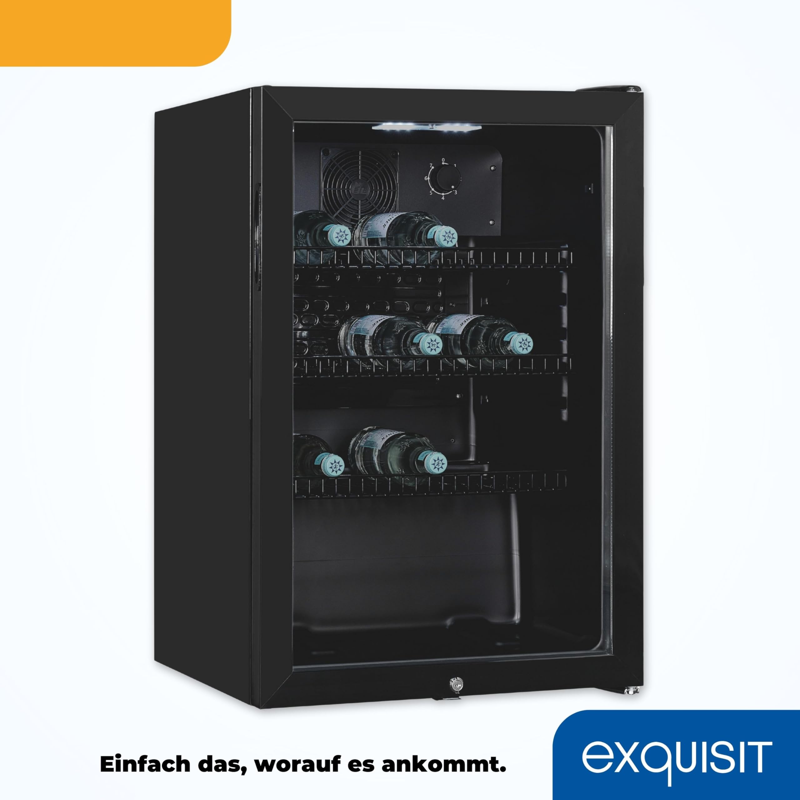 Exquisit GKS120-GT-160C Glastürkühlschrank 118L Flaschenkühlschrank Schwarz LED Umluft 3 Ablagen Schloss Kompakt Gastro-Kühlschrank