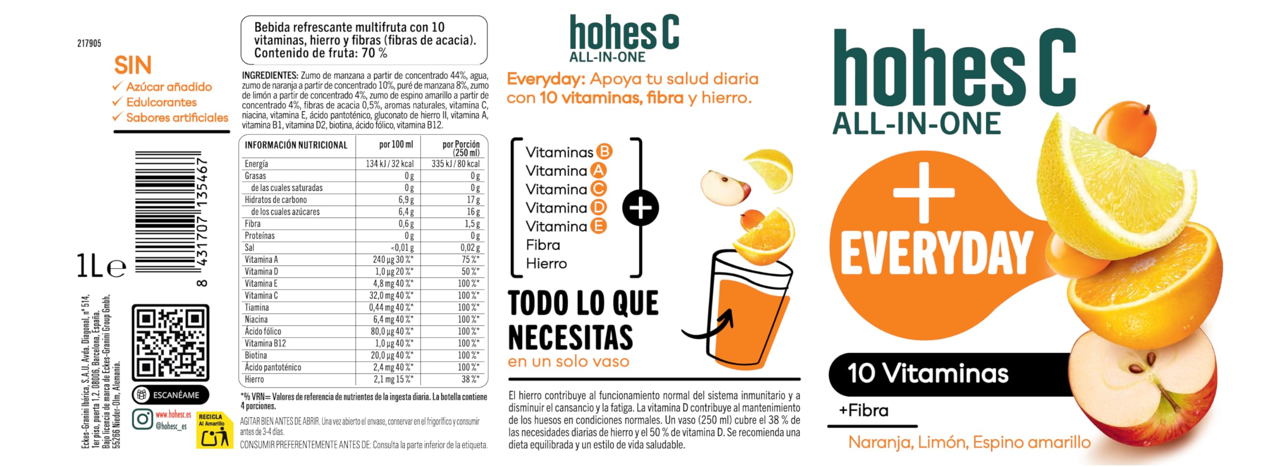 hohes C All in One Everyday Multifrutas de Naranja, Limón, Espino Amarillo con 10 vitaminas, Hierro y Fibra- Pack 6 x 1L