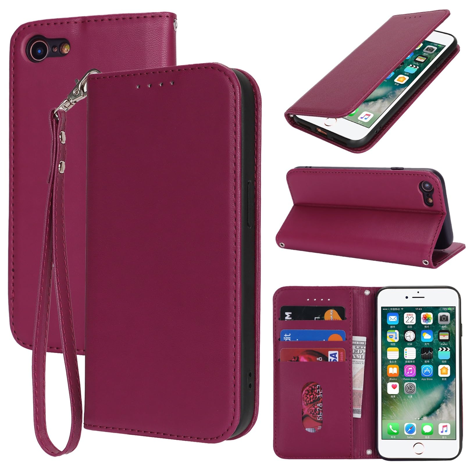 Jaorty for iPhone SE 3rd/2nd/8/7 Phone Case Wallet with Strap,4.7",Dark Red | Wrist Strap,Wallet Case,Card Holder,Cash Pocket,PU Leather,Magnetic,