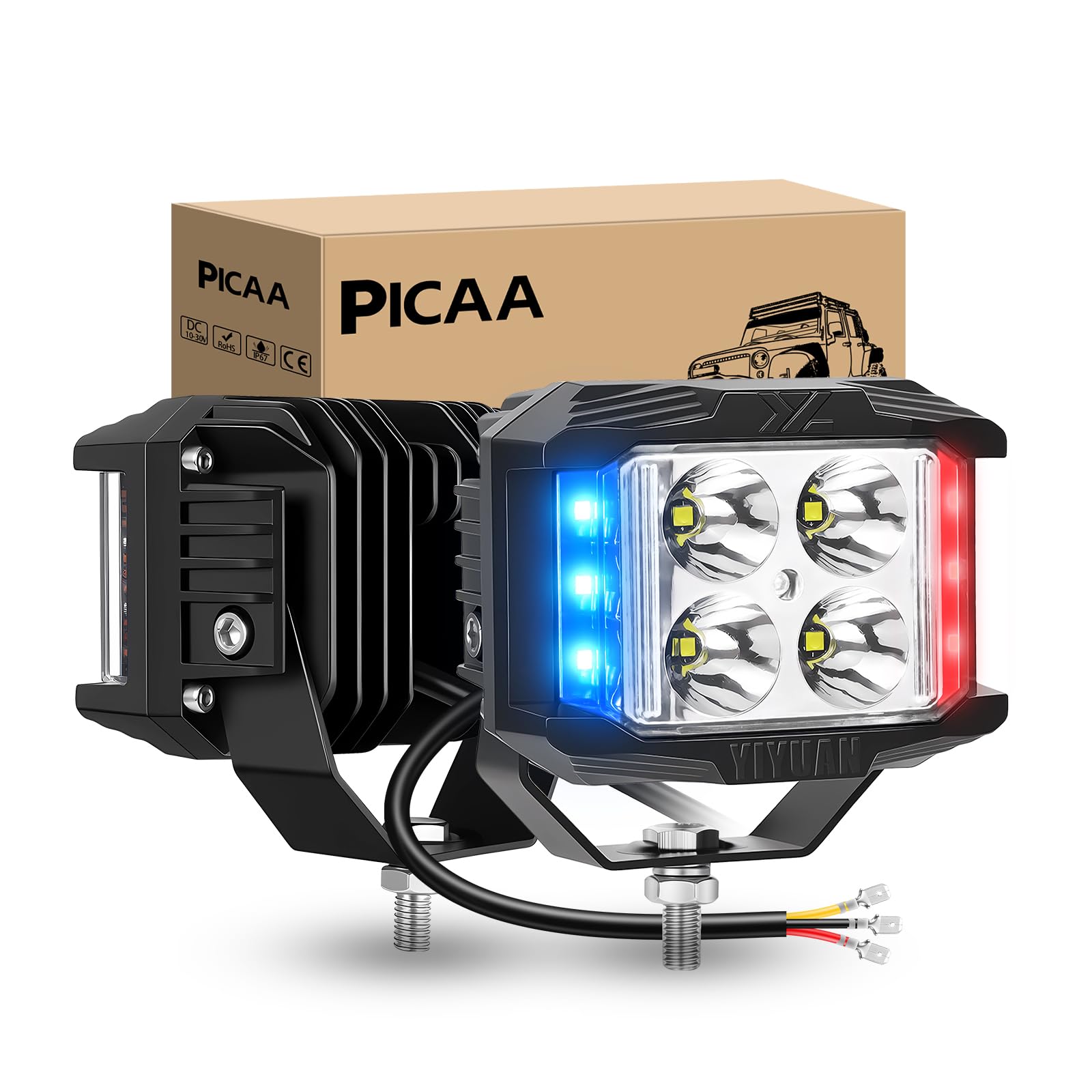 PICAA LED Work Light, 2PCS 4 Inch 35W 3500 Lumens Strobe LED Cube Work Lamp with Side Shooter, Offroad Driving Lamp Spot Flood Fog Light for 12V 24V 4WD Truck 4x4,Red&Blue&White