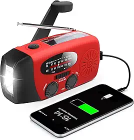 Rádio manivela manual de emergência com lanterna LED para emergência, Rádio meteorológico portátil AM/FM NOAA com carregador de telefone banco de energia de 2000 mA