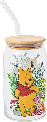 Silver Buffalo Winnie the Pooh Floral with Mushrooms Comp - Vaso de vidrio de 16 onzas con tapa de bambú y popote de vidrio disponible en Yaxa Guatemala