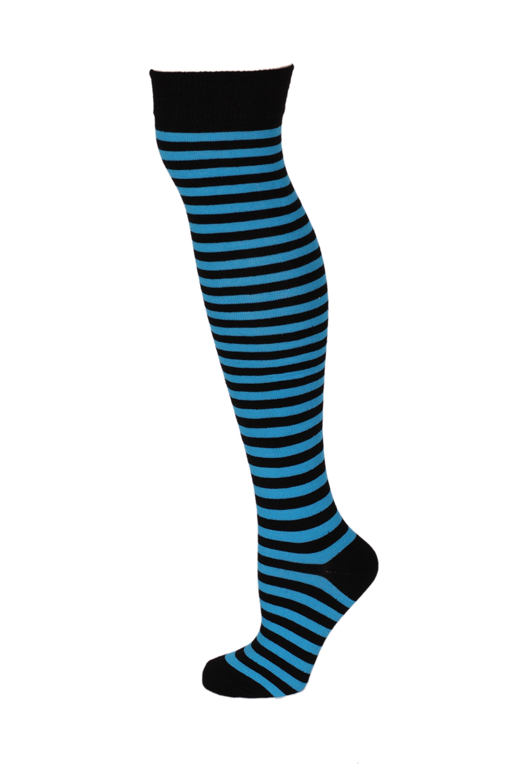 Macahel Ladies Striped Over the knee Socks size (Black & Turquoise)