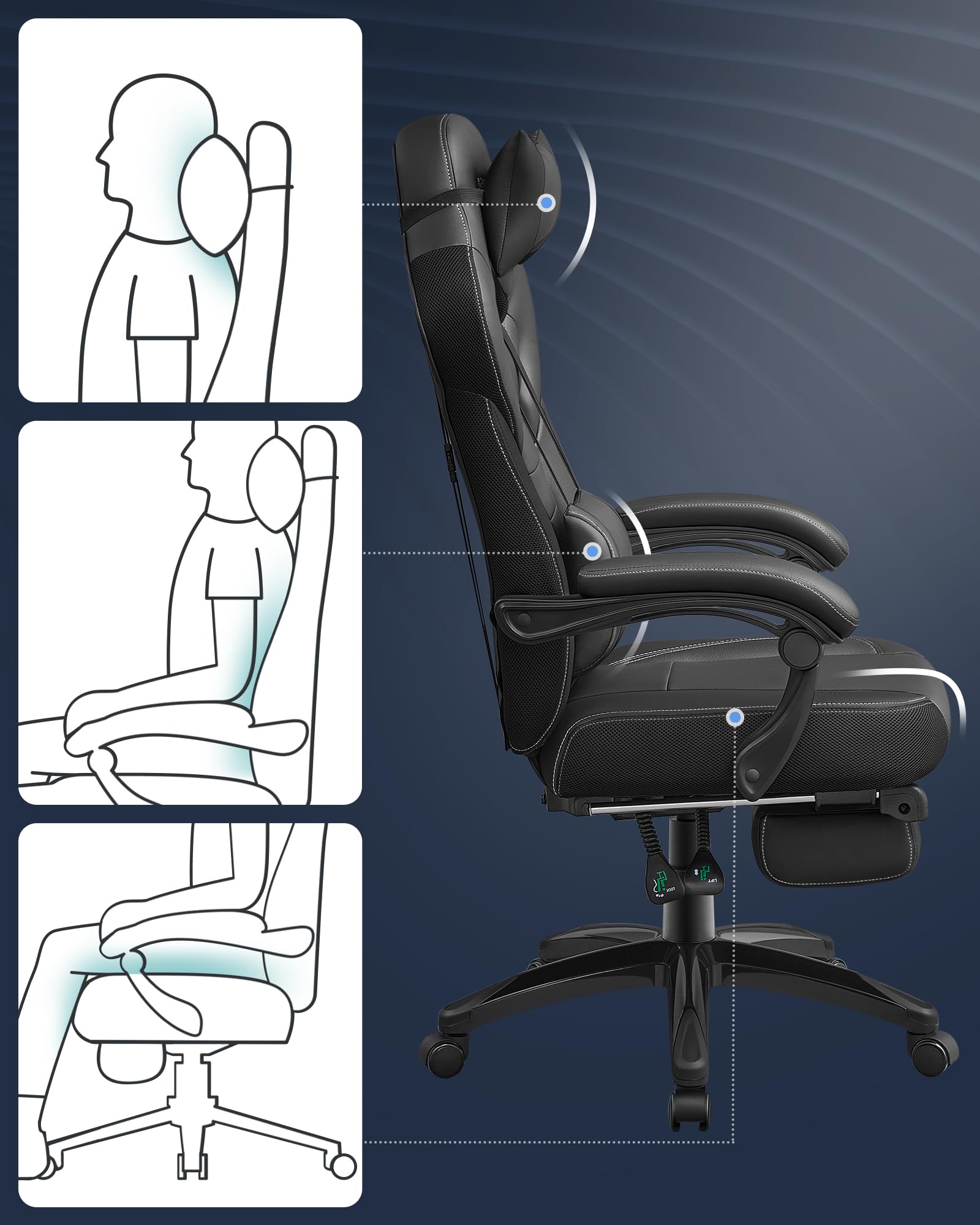 SONGMICS Chaise de Jeu, Chaise d'Ordinateur, Ergonomique, avec Repose-Pieds, Coussin de Tête Ajustable, Support Lombaire, Capacité de Charge de 150 kg, Noir OBG077B01