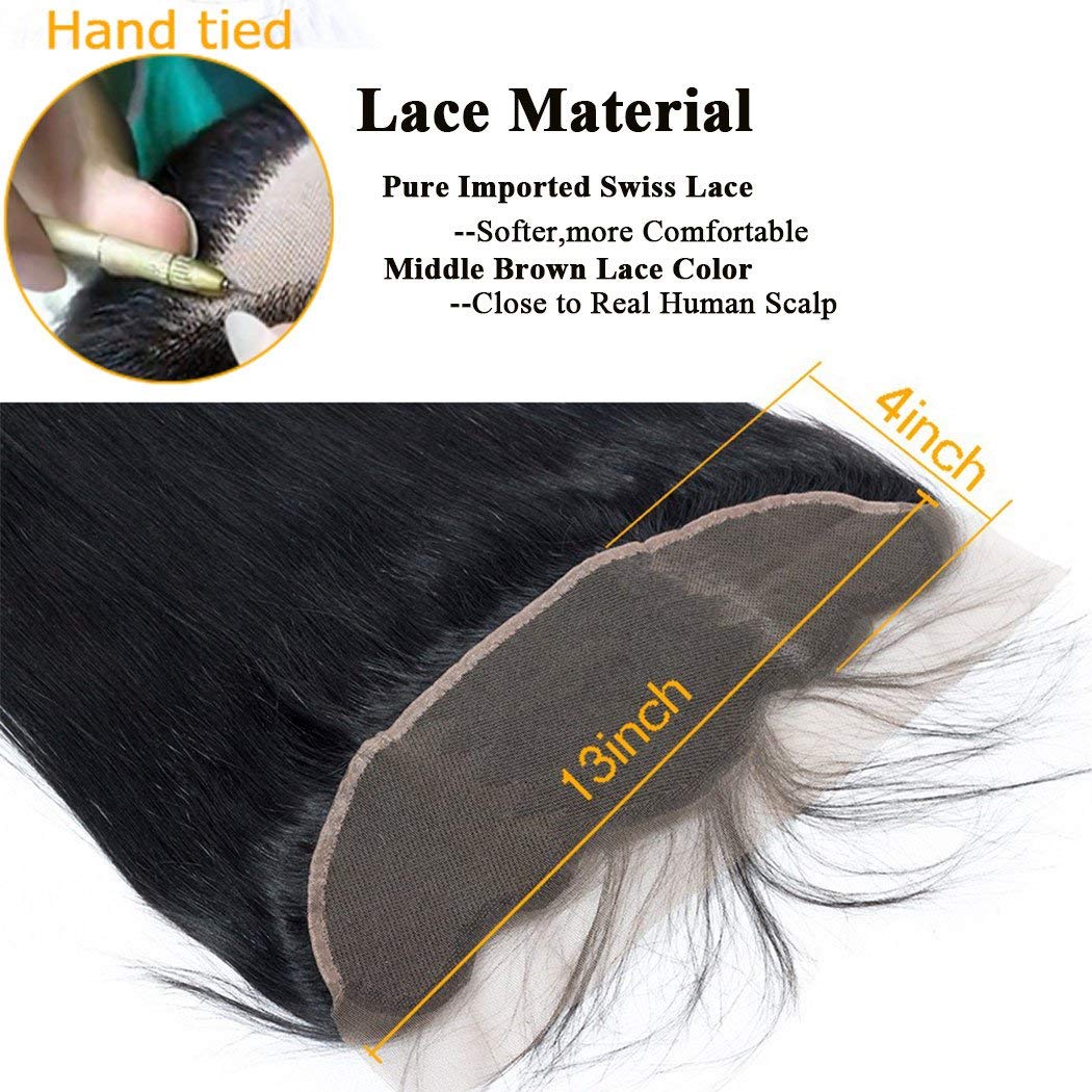 HD 13X4 Straight Lace Front Closure 18" Ear To Ear Human Hair 14A Transparent Lace Frontal Closure Pre Plucked Real Straight Human Hair (18 Inch)
