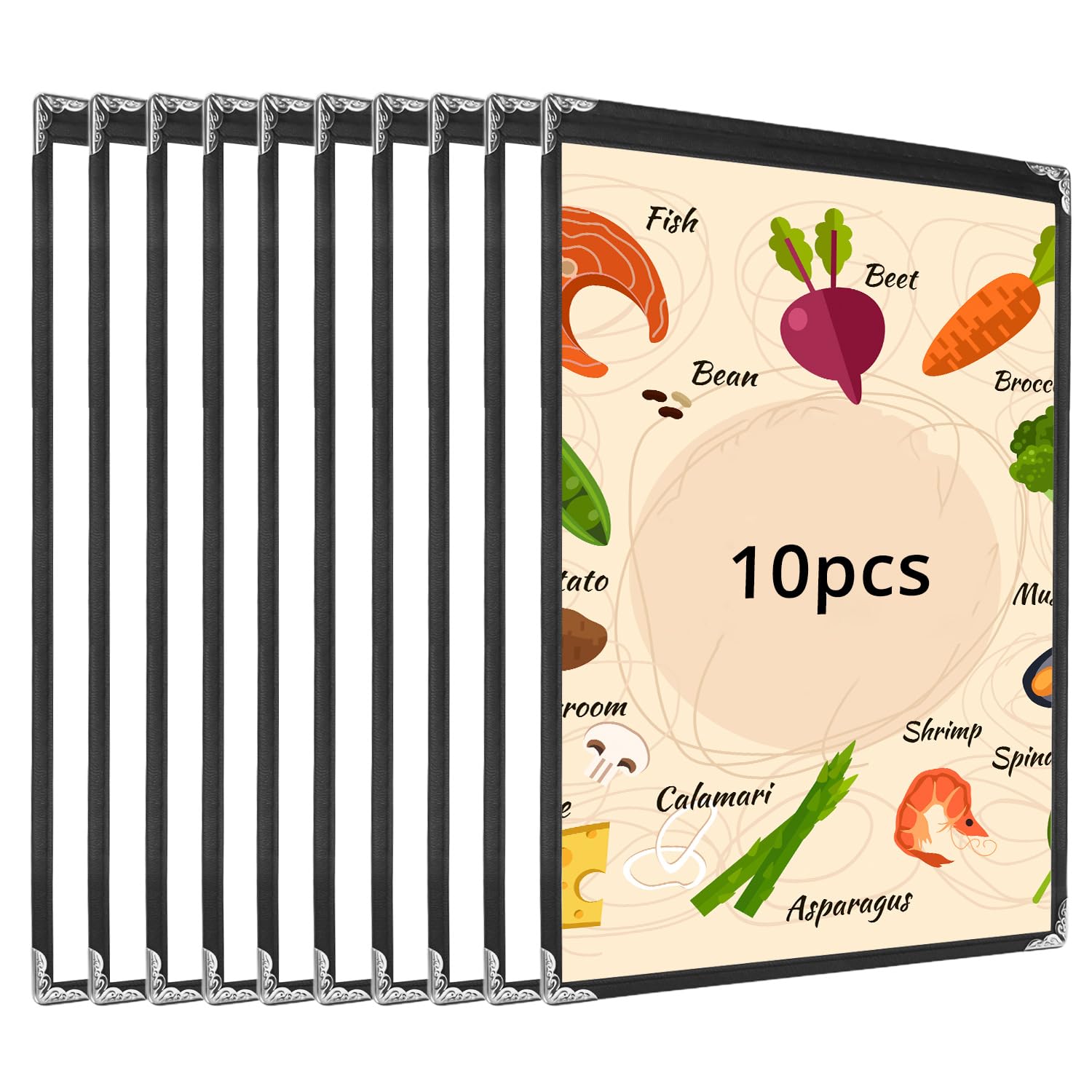 QWORK® 10 Pack Black A4 Menu Covers, Single Page Double View, for Restaurants, Hotels, Bars, Highly Transparent PVC Material, Metal Edge